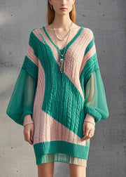 Fashion Colorblock V Neck Patchwork Knit Dress Lantern Sleeve