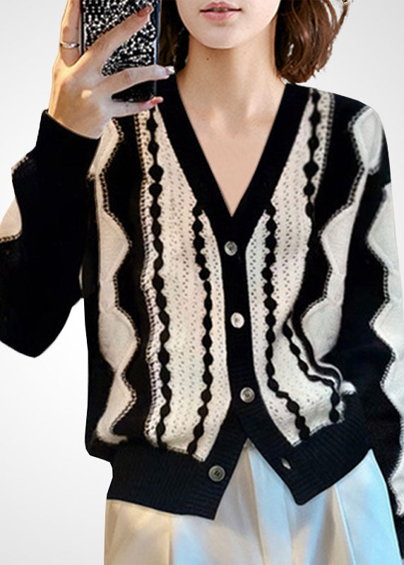 Fashion Colorblock V Neck Patchwork Wool Knit Cardigan Winter