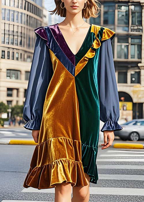 Fashion Colorblock V Neck Ruffled Patchwork Velvet Dress Fall