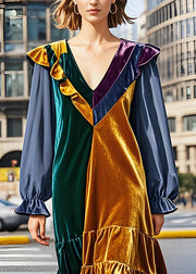 Fashion Colorblock V Neck Ruffled Patchwork Velvet Dress Fall