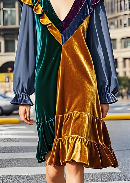 Fashion Colorblock V Neck Ruffled Patchwork Velvet Dress Fall