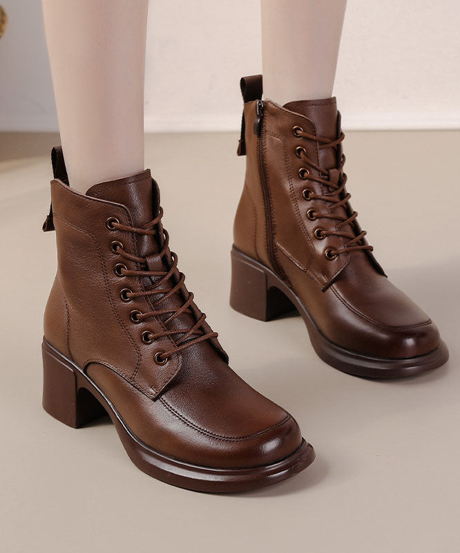 Fashion Cross Strap Chunky Boots Brown Cowhide Leather