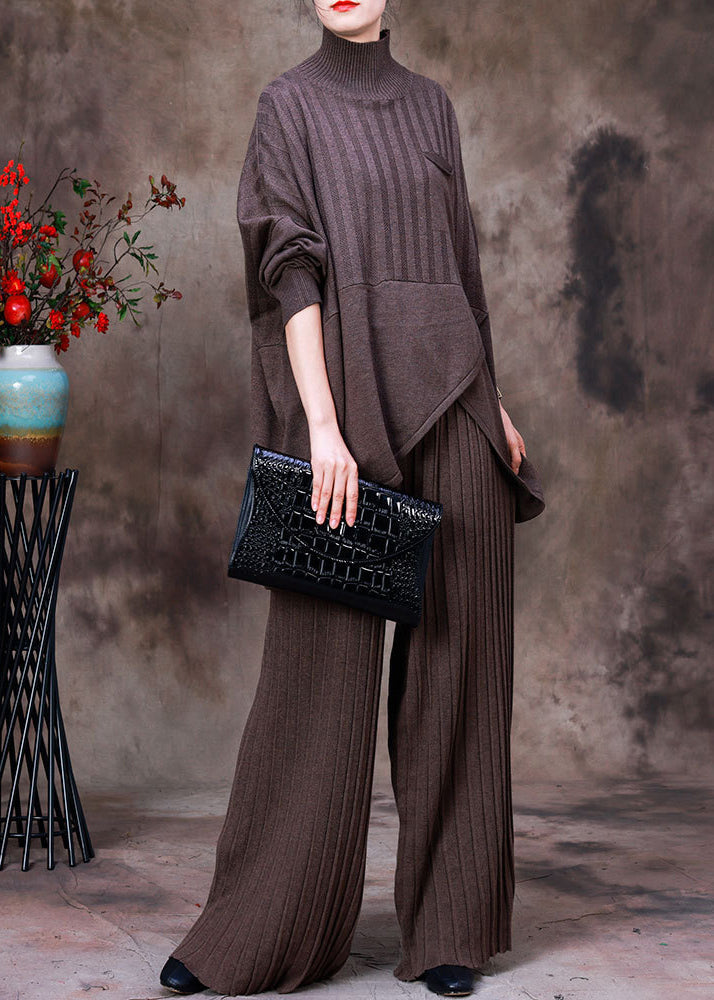 Fashion Dark Chocolate Colour Asymmetrical Knit Sweaters And Pants Two Piece Set Fall