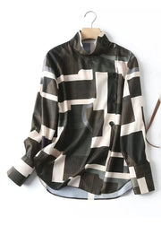 Fashion Dark Green Stand Collar Striped Patchwork Shirt Long Sleeve