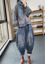 Fashion Denim Blue Elastic Waist Oversized Patchwork Cotton Harem Pants Fall