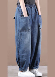 Fashion Denim Blue Elastic Waist Pockets Patchwork Cotton Harem Pants Fall