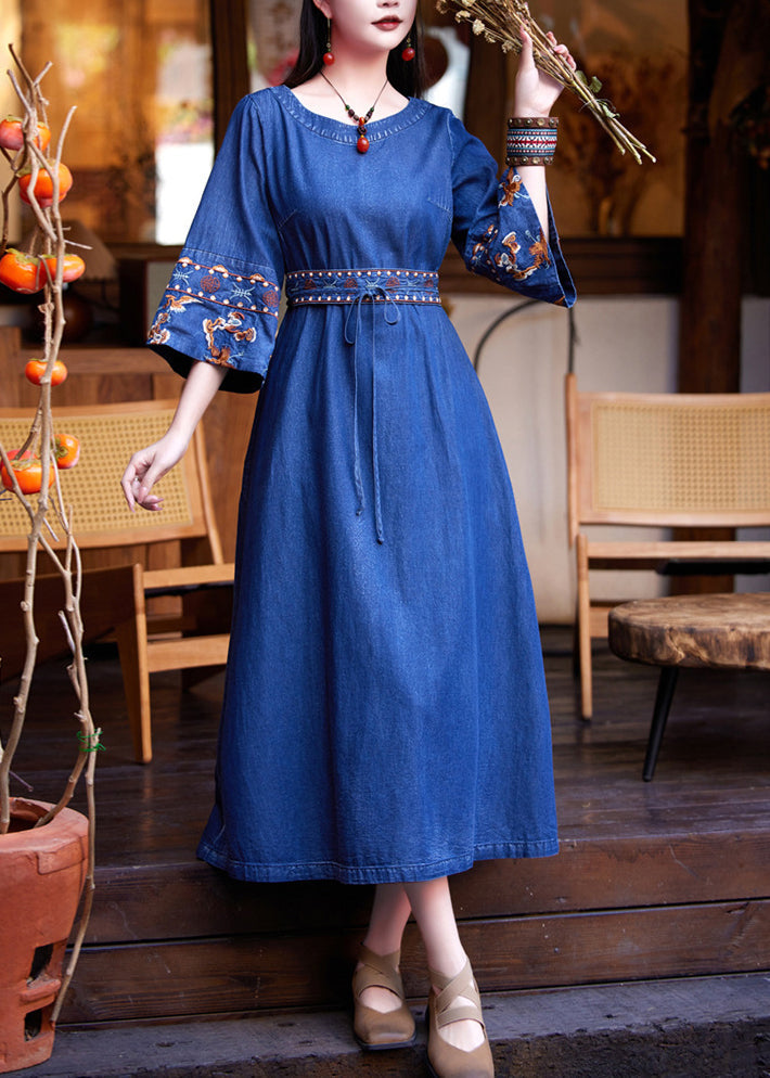 Fashion Denim Navy Patchwork Tie Waist Maxi Dress Flare Sleeve