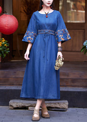 Fashion Denim Navy Patchwork Tie Waist Maxi Dress Flare Sleeve