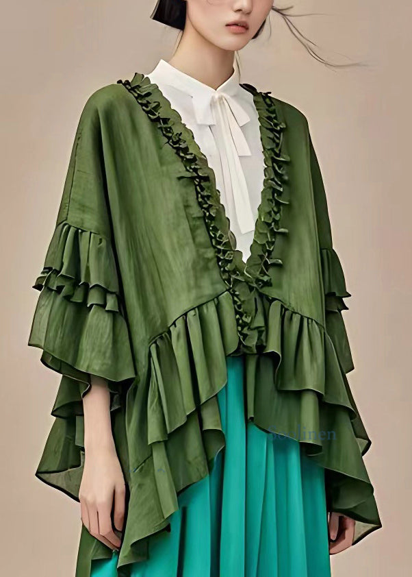 Fashion Dull Green V Neck Ruffled Patchwork Coats Long Sleeve