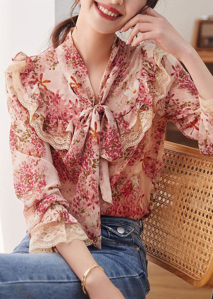 Fashion Floral Print Bow Lace Patchwork Chiffon Shirt Tops Spring