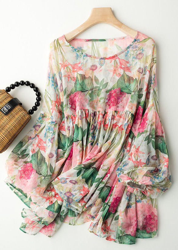 Fashion Floral Print Wrinkled Patchwork Chiffon Blouses Lantern Sleeve