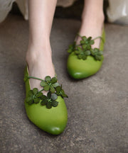 Fashion Floral Splicing Flat Shoes Pointed Toe Green Cowhide Leather