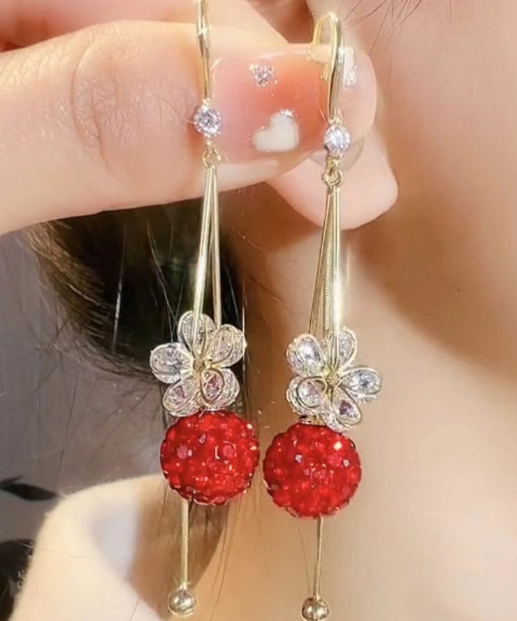 Fashion Gold Alloy Zircon Floral Ball Tassel Drop Earrings