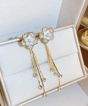 Fashion Gold Copper Alloy Zircon Camellia Tassel Drop Earrings