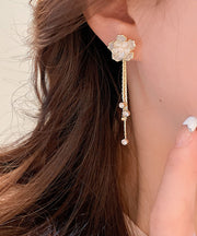 Fashion Gold Copper Alloy Zircon Camellia Tassel Drop Earrings