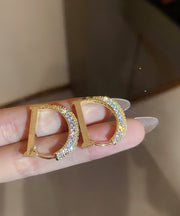 Fashion Gold Copper Alloy Zircon D Type Hoop Earrings