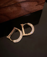 Fashion Gold Copper Alloy Zircon D Type Hoop Earrings