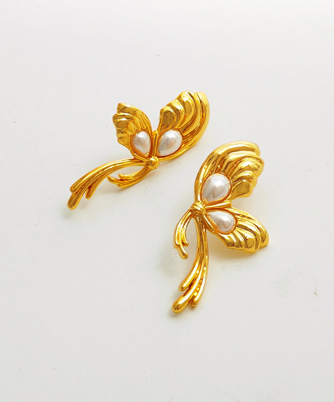 Fashion Gold Copper Overgild Pearl Bow Stud Earrings