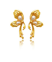 Fashion Gold Copper Overgild Pearl Bow Stud Earrings