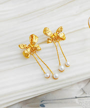 Fashion Gold Copper Pearl Bow Tassel Drop Earrings