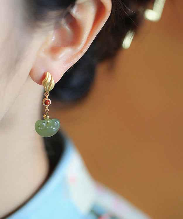 Fashion Gold Silver Inlaid Jade Agate Drop Earrings