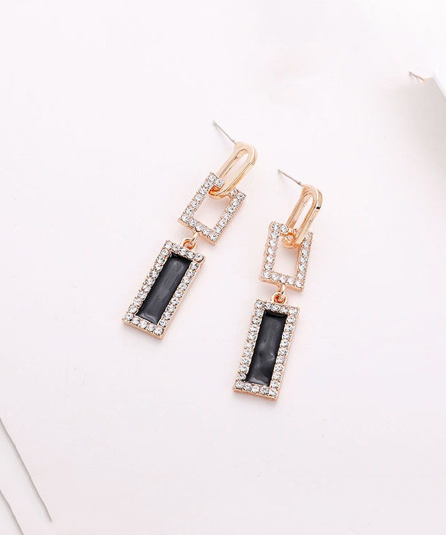 Fashion Gold Sterling Silver Zircon Hollow Out Rectangle Tassel Drop Earrings