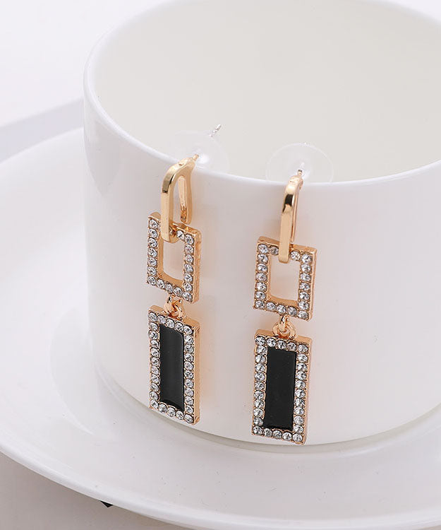 Fashion Gold Sterling Silver Zircon Hollow Out Rectangle Tassel Drop Earrings