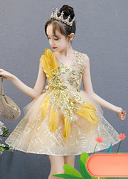 Fashion Gold V Neck Lace Patchwork Tulle Girls Mid Dress Sleeveless