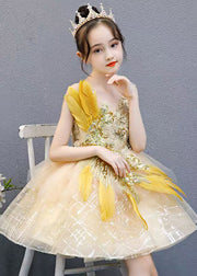 Fashion Gold V Neck Lace Patchwork Tulle Girls Mid Dress Sleeveless