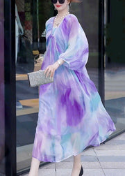 Fashion Gradient Color V Neck Print Wrinkled Chiffon Dress Long Sleeve