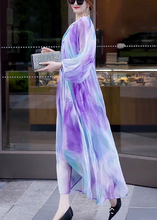 Fashion Gradient Color V Neck Print Wrinkled Chiffon Dress Long Sleeve