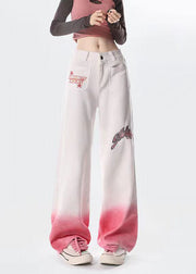 Fashion Gradient Pink Embroideried High Waist Denim Straight Pants Spring