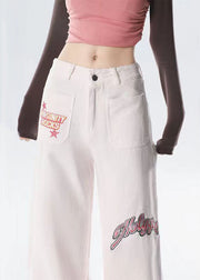 Fashion Gradient Pink Embroideried High Waist Denim Straight Pants Spring