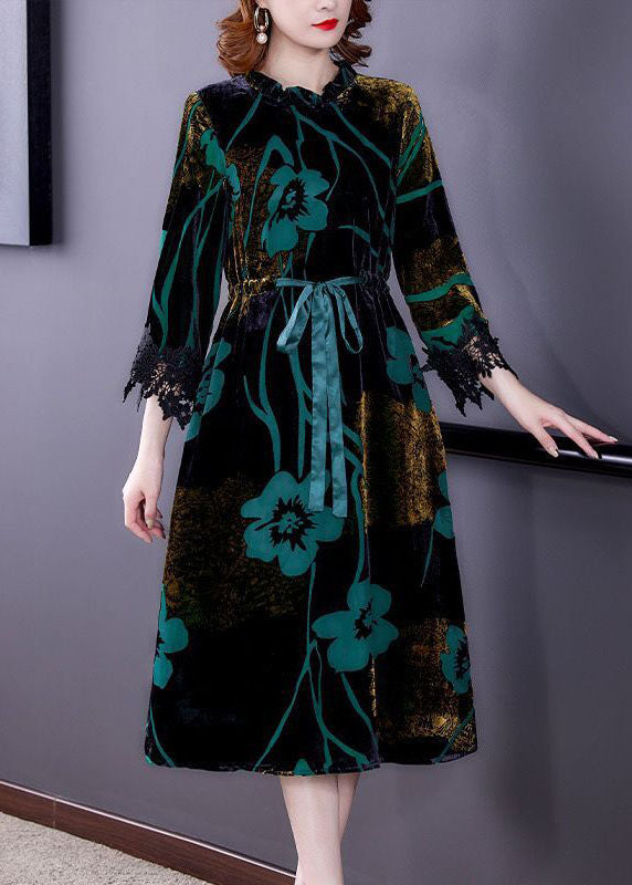 Fashion Green Cinched Jacquard Silk Velour Long Dress Spring