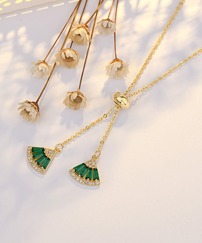 Fashion Green Copper Overgild Zircon Fan Shaped Pendant Necklace