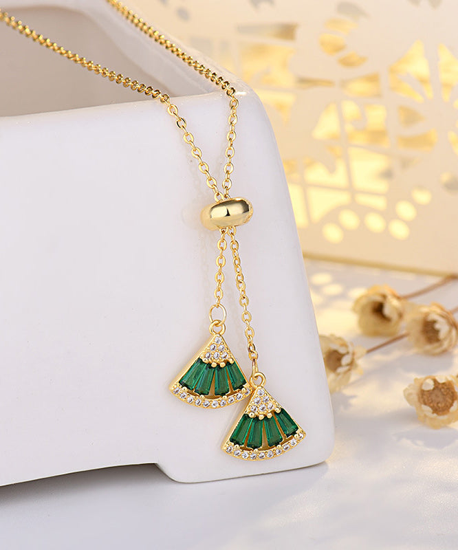 Fashion Green Copper Overgild Zircon Fan Shaped Pendant Necklace