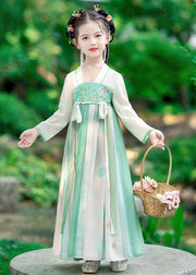 Fashion Green Embroideried Patchwork Tie Waist Kids Girls Long Dress Long Sleeve