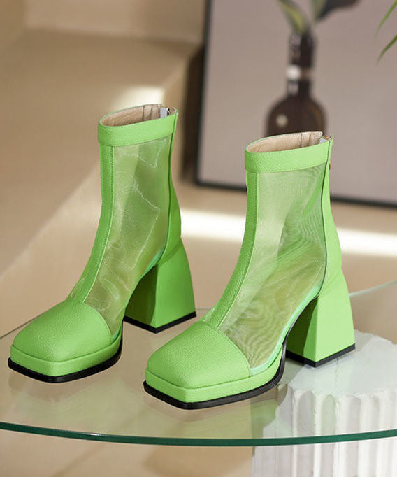 Fashion Green Faux Leather Thin Boots Splicing Tulle