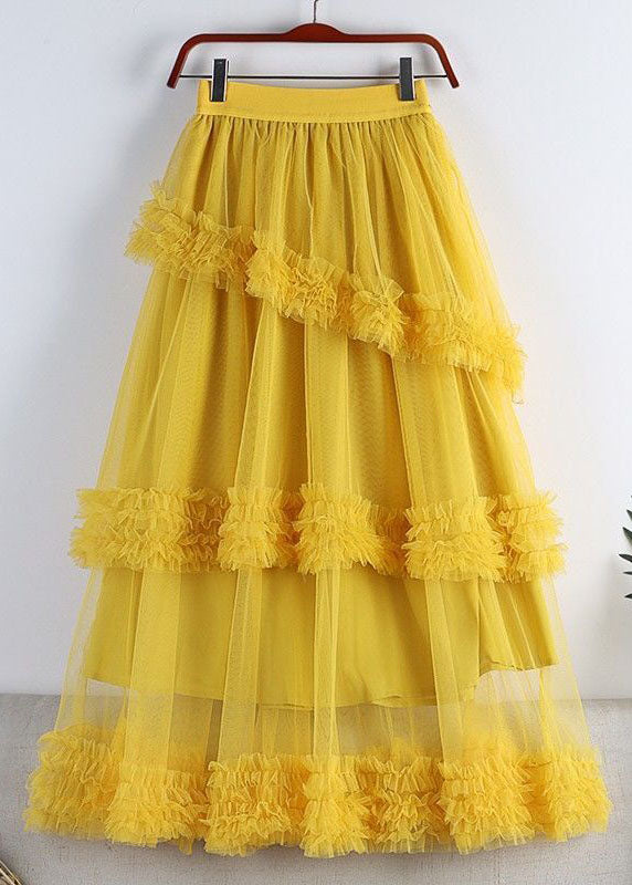 Fashion Green High Waist Ruffled Tulle A Line Skirt Spring