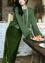 Fashion Green Hollow Out Cotton Knit Sweaters And Maxi Skirts Two Piece Set Winter