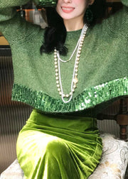 Fashion Green Hollow Out Cotton Knit Sweaters And Maxi Skirts Two Piece Set Winter