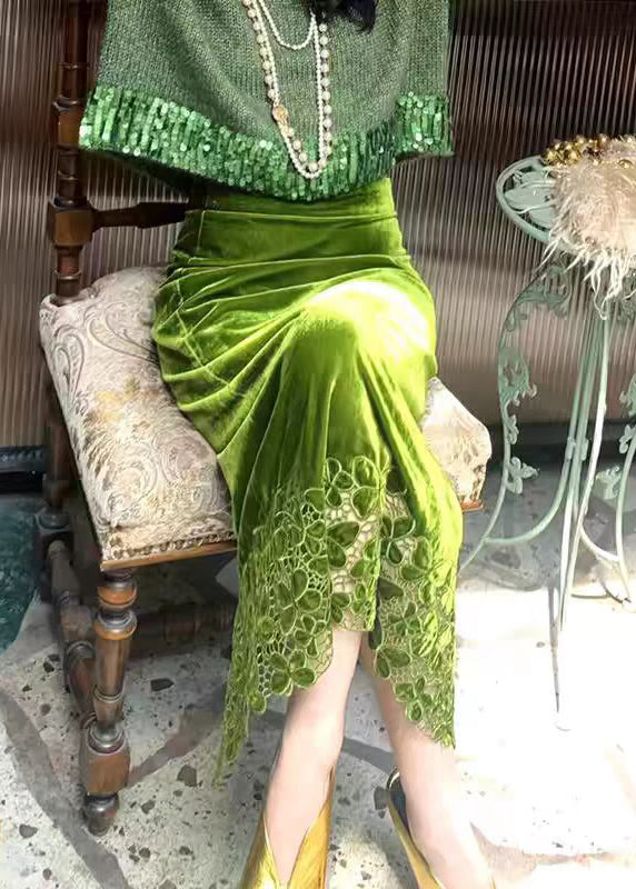 Fashion Green Hollow Out Cotton Knit Sweaters And Maxi Skirts Two Piece Set Winter