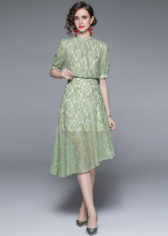 Fashion Green Jacquard Asymmetrical Patchwork Lace Mid Dress Summer