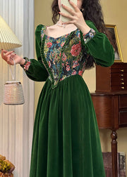 Fashion Green Jacquard Ruffled Silk Velour Long Dresses Spring