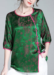 Fashion Green O-Neck Asymmetrical Button Silk Top Summer