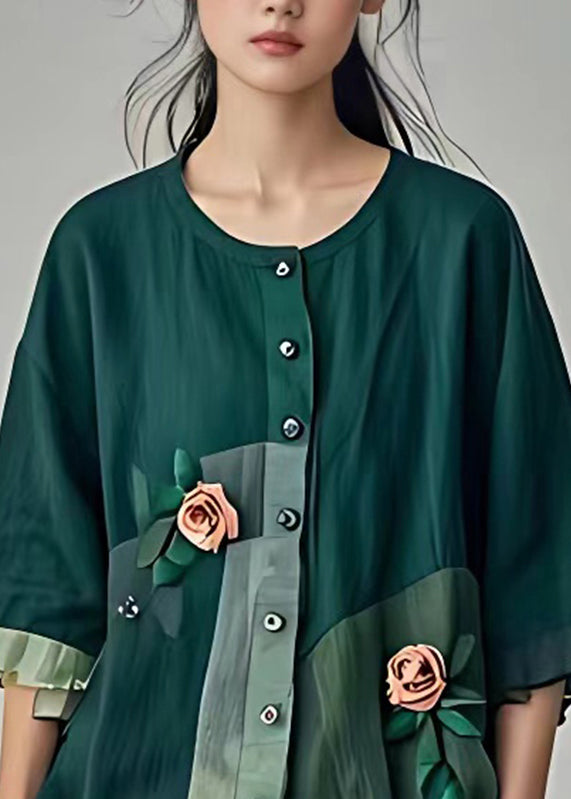 Fashion Green O-Neck Patchwork Floral Shirt Fall