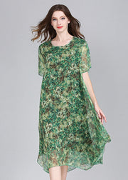 Fashion Green O Neck Print Patchwork Chiffon Dress Summer