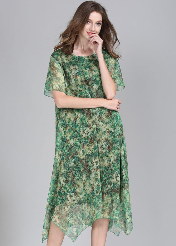 Fashion Green O Neck Print Patchwork Chiffon Dress Summer