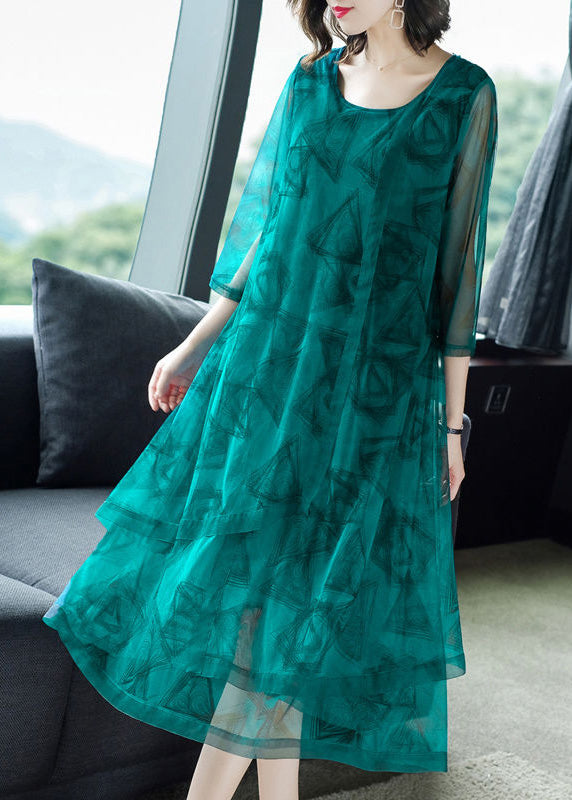 Fashion Green O-Neck Print Patchwork Tulle Maxi Dresses Summer