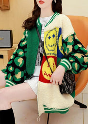 Fashion Green Oversized Patchwork Jacquard Knit Cardigans Spring